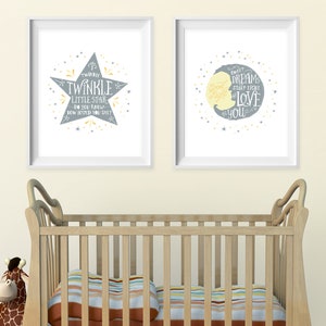 Moon and Star Wall Decor, Twinkle Twinkle little star, Sweet dreams, Modern Star Moon Nursery Print, Gender Neutral, Set 2, INSTANT DOWNLOAD