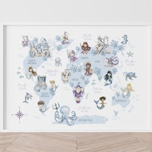 Magische wereldkaart, ridderkastelen zeemeerminnen, grillig magisch sprookje, meisjes kinderkamer mooie wereldkaart, decor wereldkaart, instant download