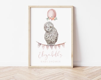 May include: A printable baby shower sign featuring a watercolor illustration of an owl with a pink balloon and floral accents. The sign says "Welcome" with pink and white bunting and "Elizabeth's Baby Shower" in pink script.