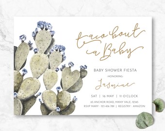 Taco bout a Baby, Boys Baby Shower Invitation, Cactus Baby Shower, Baby Shower Boy, Cacti Invite, Boys Shower, Blue Floral Modern Simple