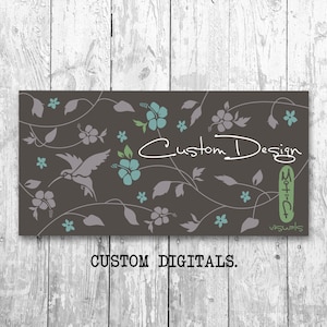 May include: A brown background with a floral design featuring vines, leaves, and flowers in shades of blue and green. A hummingbird is flying through the center of the design. The text "Custom Design" is written in white cursive script. The text "Motif + C" is written in white with a black outline. The text "visuals" is written in white below the logo. The text "CUSTOM DIGITALS." is written in white below the image.
