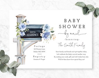 Baby Boy Shower Invitation, Baby Boy Shower by Mail, Shower by Mail, Blue Floral Letterbox, Long Distance Baby Boy Shower, Modern Minimalist