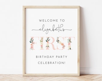 Welcome Sign Girls First Birthday, Soft Pink Floral Welcome Sign, Pink flowers ONE, Girls Birthday Sign, Modern Minimalistic First, M009