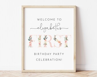 Letrero de bienvenida para primer cumpleaños de niña, bonito letrero de bienvenida con flores rosas, flores rosas UNO, letrero de cumpleaños para niña, minimalista moderno, M009