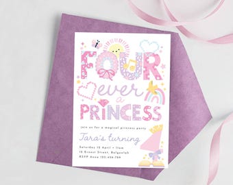 Vier immer eine Prinzessin Geburtstag einladen, Blumen Schmetterling Regenbogen, Prinzessin Party Mädchen vierter Blumen rosa Geburtstag einladen, (editierbarer Download)