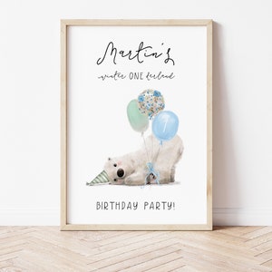 Signo de cumpleaños de Winter ONEderland, lindo signo de bienvenida del oso polar, decoración del signo de cumpleaños del oso polar, plantilla editable Descarga instantánea M099