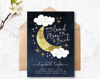 Love you to the Moon and Back, Baby Shower invite, Gold Baby Shower Invite, Blue Gold Moon Stars, Gender Neutral, Gold Moon baby sprinkles