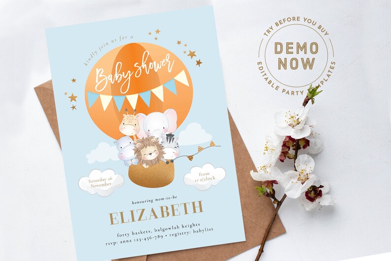 Safari Animals Hot Air Balloon Baby Shower Invite, Cute Jungle Safari ...