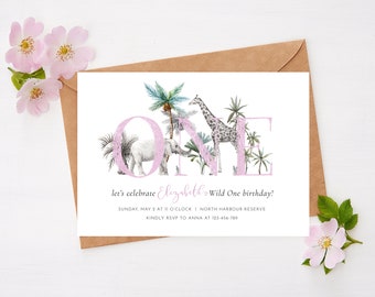 Safari Birthday Invite, First Birthday Invite Girl, Black White Safari Animals Giraffe Elephant, Pink One, Modern Safari First Invite, M014