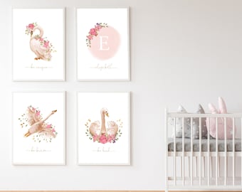 Girls Nursery Wall Art, Swan Nursery Decor, Girls Bedroom Decor, Swan Princess, Girls Name Print, Pink Gold Swan, Dream Big, Swan Prints