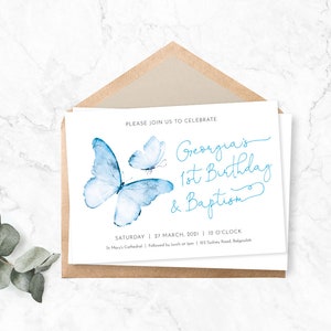 Baptism First Birthday Invite, Butterfly invite, First Birthday Baptism Ceremony, Girls first baptism blue butterfly, modern minimalistic image 4