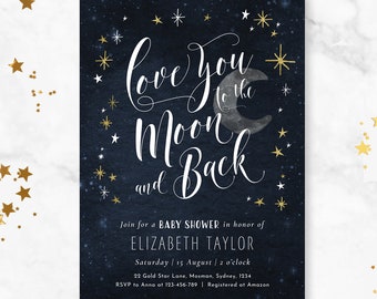 Love you to the Moon and Back Invitation, Baby Shower Invite, Moon and Stars, Boy Girl, Gender Neutral Baby Shower, Modern, Navy Gold White