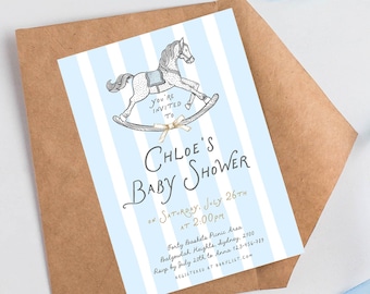 Invitación para baby shower de caballo mecedor para niño, diseño minimalista azul (descarga DIY)