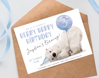 May include: A white birthday invitation with a blue and white polar bear holding a blue balloon with the number 3 on it. The text on the invitation reads "Beary Happy Birthday Jayden's turning 3".