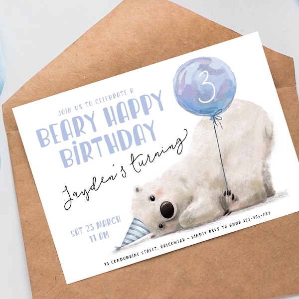 Polar Bear Birthday Invitation, Editable Bear Party Invite, Cute Modern Polar Bear Template, Winter Birthday DIY Printable Instant Download