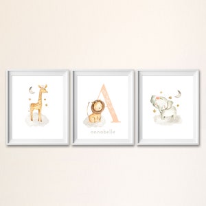Safari Printable Wall Art, Safari Nursery Wall Prints, Customised Baby Name, Safari Wall Decor, Baby Animal Prints, Lion Elephant Giraffe