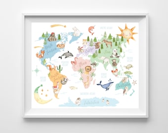 May include: A watercolor illustration of a world map with animals representing each continent. The map is surrounded by a white frame and includes the names of each continent and ocean.