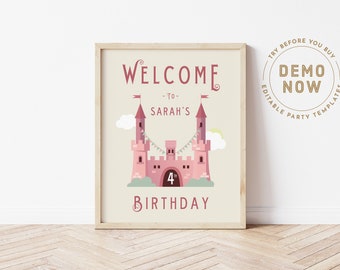 Princess Castle Welcome Sign Birthday Party | Editable file | Girls Princess Birthday Signage | Modern Pink Castle | INSTANT DOWNLOAD m065