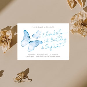 Baptism First Birthday Invite, Butterfly invite, First Birthday Baptism Ceremony, Girls first baptism blue butterfly, modern minimalistic image 2
