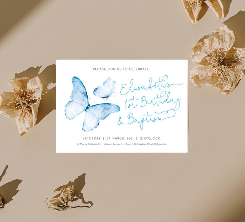 Baptism First Birthday Invite, Butterfly invite, First Birthday Baptism Ceremony, Girls first baptism blue butterfly, modern minimalistic image 2