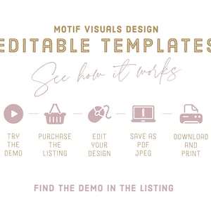 以下が含まれることがあります： 「MOTIF VISUALS DESIGN EDITABLE TEMPLATES」のテキストと「See how it works」というフレーズが書かれたグラフィック。デモを試す、リストを購入する、デザインを編集する、PDF/JPEGとして保存する、ダウンロードして印刷する、という一連のアイコンが表示されています。