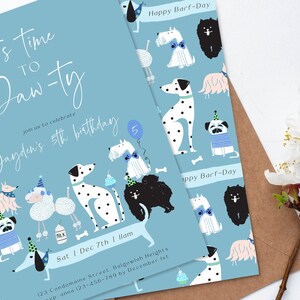 Dog Birthday Invitation, It&#39;s time to pawty, Blue Dog Theme Party, Dog Birthday Party, Modern Dog Blue, Editable Printable Download, M084