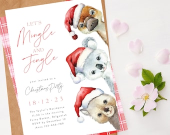 May include: A white Christmas party invitation with red plaid border. The invitation features a watercolor illustration of three animals wearing Santa hats: a koala, a wombat, and a platypus. The text reads "Let's Mingle and Jingle, your invited to a Christmas Party 18.12.23, The Taylor's Residence 11:30 in the morning, Forty Basket, Balgowlah, RSVP by December 12, Anna 123-456-789".