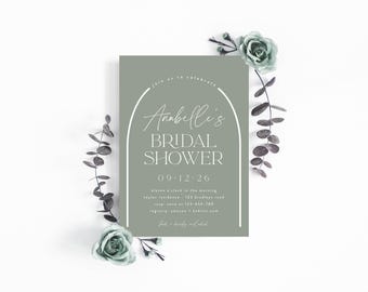 Salie bruids douche bewerkbare uitnodiging, moderne minimalistische boog uitnodigen, aardetinten, eenvoudige boog, bruidstuin douche, instant download, M037