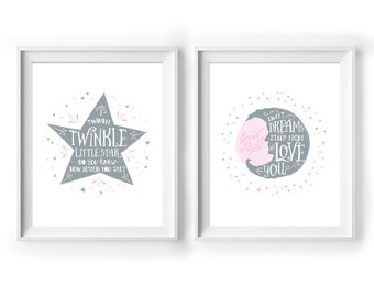 Girls Nursery Wall Art, Girls Bedroom Wall Decor, Twinkle Twinkle little Star, Pink nursery prints, Star Moon Prints, Nursery Quote prints