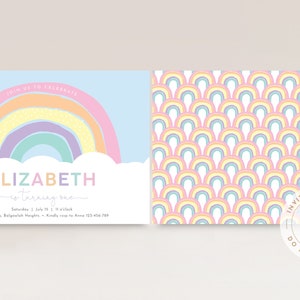 May include: A printable invitation template with a rainbow and cloud design. The front of the invitation says "Join us to celebrate Elizabeth turning one." The back of the invitation has a repeating pattern of rainbows.