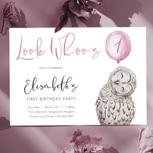 Editable Owl Birthday Invite, Girls 1st Birthday, Woodland Animal Party, Cute Minimalist Owl Pink Printable Template, Instant Download M100