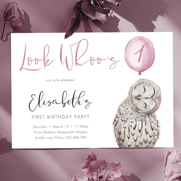 Editable Owl Birthday Invite, Girls 1st Birthday, Woodland Animal Party, Cute Minimalist Owl Pink Printable Template, Instant Download M100