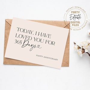Hoy te he amado por 365 días / Plantilla editable / Tarjeta de amor de aniversario / Amor de 365 días / Unión / DESCARGA INSTANTE