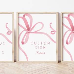 Letrero personalizado con lazo rosa para baby shower, bonito letrero editable con lazo rosa, letrero minimalista moderno con lazo rosa para mesa de baby shower, descarga instantánea (m125)