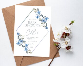 Blue Floral Baby Shower Invitation, Minimalist watercolour flowers baby sprinkle Invite editable boy baby shower invite template