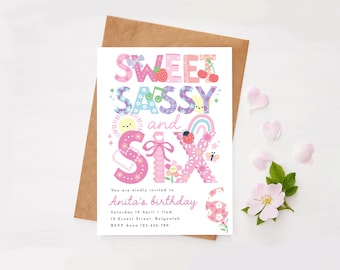Sechster Geburtstagseinladungsvorlage, süße freche Sechs, Blumenfrühlingsparty, rosa Bänder, freche 6 Geburtstagsfeier einladen bearbeitbarer digitaler Download