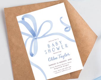 May include: A blue ribbon bow with a white background. The text on the invitation reads "Join us for a Baby Shower - honoring Chloe Taylor. Sunday 12 August, 2PM. Forty Baskets Picnic Area, Balgowlah Heights. rsvp. Anne 123-456-780. registry babyliss.com"