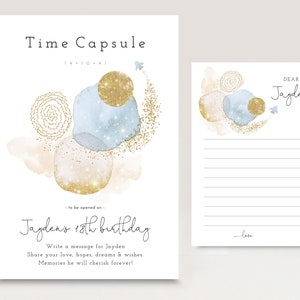 May include: A printable time capsule card with a blue and gold watercolor design. The card says "Time Capsule" and "Jayden's 18th birthday". There is a separate card with lines for writing a message to Jayden.