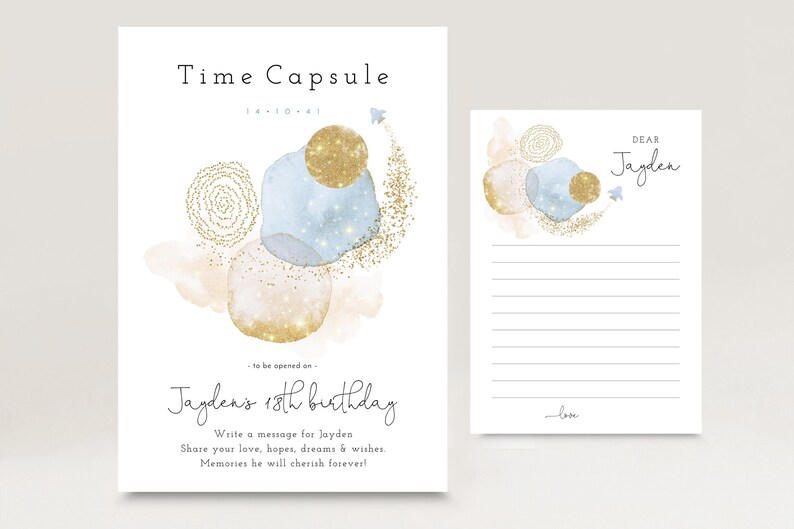 May include: A printable time capsule card with a blue and gold watercolor design. The card says "Time Capsule" and "Jayden's 18th birthday". There is a separate card with lines for writing a message to Jayden.