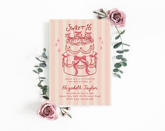 Sweet Sixteen Geburtstag einladen, Vintage handgezeichneter Kirschkuchen, rosa rote Schleife Coquette Cherry Girl, Kirsche auf die Oberseite Bearbeitbare Vorlage Download