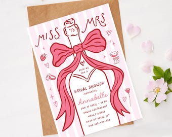Miss to Mrs Bridal Shower Invitation, Pink Champagne Coquette Bow Hand-Drawn Chic Bridal Brunch Girls Night Out Editable Digital Template
