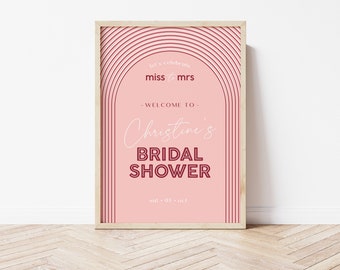 Fräulein zu Frau Brautdusche Willkommensschild, rosa rote Bögen, Bachelorette Dusche, moderner minimalistischer, kreisförmiger Band Bogen Brautdusche Zeichen M080