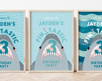 Letrero de bienvenida de cumpleaños de tiburón, letrero moderno para fiesta de tiburón, fiesta en la piscina para niños, tiburón azul adorable, fiesta fantástica, plantilla editable para fiesta de verano M019