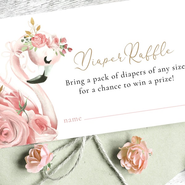 Diaper Raffle Card Insert Editable Template, Flamingo Baby Shower Party Game, Summer Tropical Pink Flamingo Printable Instant Download M063