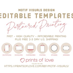 以下が含まれることがあります： 「Motif Visuals Design」のプロモーション用グラフィックで、「編集可能なテンプレート」と「パートナー印刷」を特集しています。招待状、封筒、ポスター、ステッカー、バナーのアイコンが含まれています。テキストは、高速、高品質、手頃な価格の印刷を強調しています。