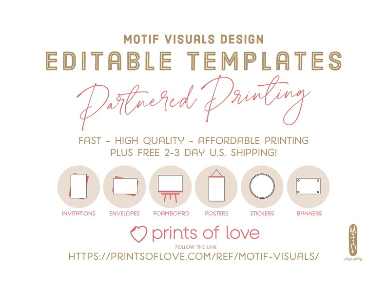 以下が含まれることがあります： 「Motif Visuals Design」のプロモーション用グラフィックで、「編集可能なテンプレート」と「パートナー印刷」を特集しています。招待状、封筒、ポスター、ステッカー、バナーのアイコンが含まれています。テキストは、高速、高品質、手頃な価格の印刷を強調しています。