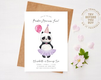 Panda Birthday Party Invite | Editable Template | Cute Modern Panda | Pink and Purple | Tutu | Girls Birthday Invitation | instant download