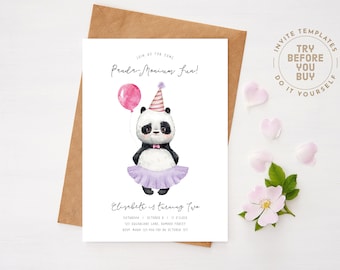 May include: A printable invitation for a child's second birthday party. The invitation features a watercolor illustration of a panda wearing a purple tutu and a party hat, holding a pink balloon. The text on the invitation reads "Join us for some Panda-monium fun!" and "Elisabett is turning two".