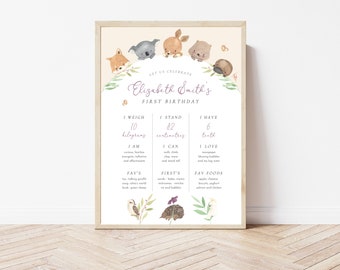 May include: A printable first birthday milestone chart featuring a watercolor illustration of woodland animals. The chart includes the child's name, "Elizabeth Smith's", and details about their first year, such as weight, height, and favorite foods.