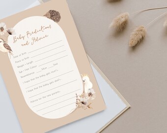 May include: A beige card with a white oval in the center. The card has a floral design with birds and a hedgehog. The text on the card reads "Baby Predictions and Advice". There are lines for guests to write their predictions for the baby's birth date, place of birth, weight, length, eye and hair color, and resemblance to the parents.